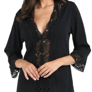 La Blanca v neck Black Swim Coverup with crochet/lacey trim